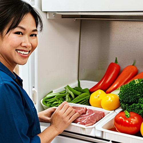 **Image Prompt:** A bright, organized Vietnamese kitchen. A woman smiles as she pulls pre-cut vegetables and marinated meat from the refrigerator, ready for a quick weeknight stir-fry. The image highlights convenience and fresh ingredients, with a calendar visible in the background showing a pre-planned meal schedule.