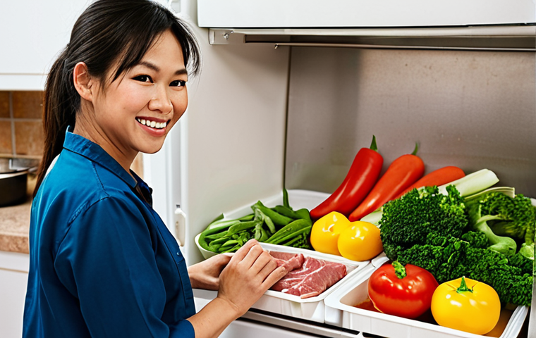 **Image Prompt:** A bright, organized Vietnamese kitchen. A woman smiles as she pulls pre-cut vegetables and marinated meat from the refrigerator, ready for a quick weeknight stir-fry. The image highlights convenience and fresh ingredients, with a calendar visible in the background showing a pre-planned meal schedule.